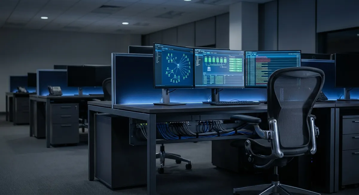 Empty corporate IT workspace with multiple monitors showing network dashboards and no one at the desk, representing the IT talent shortage