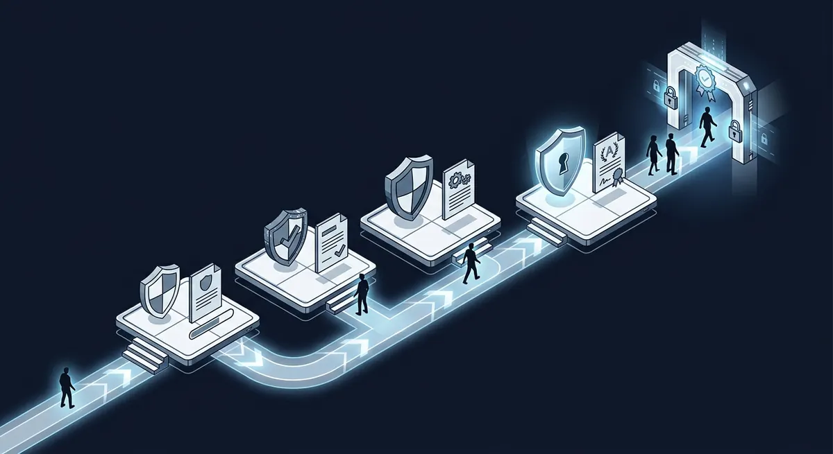 Isometric roadmap showing the four-phase CMMC rollout progressing toward a secured certification checkpoint