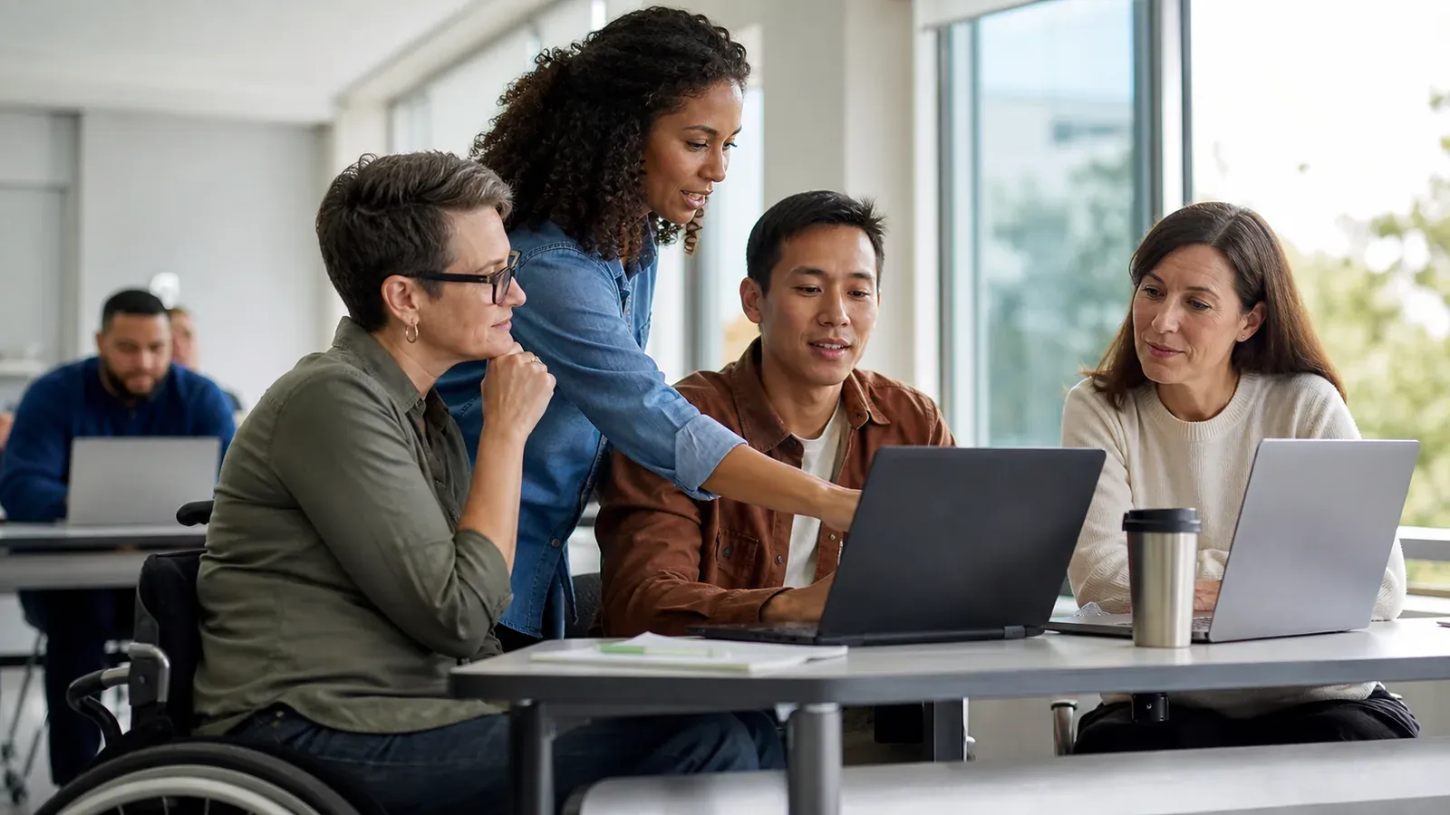 Four coworkers, including a wheelchair user, collaborate around two laptops in a bright office