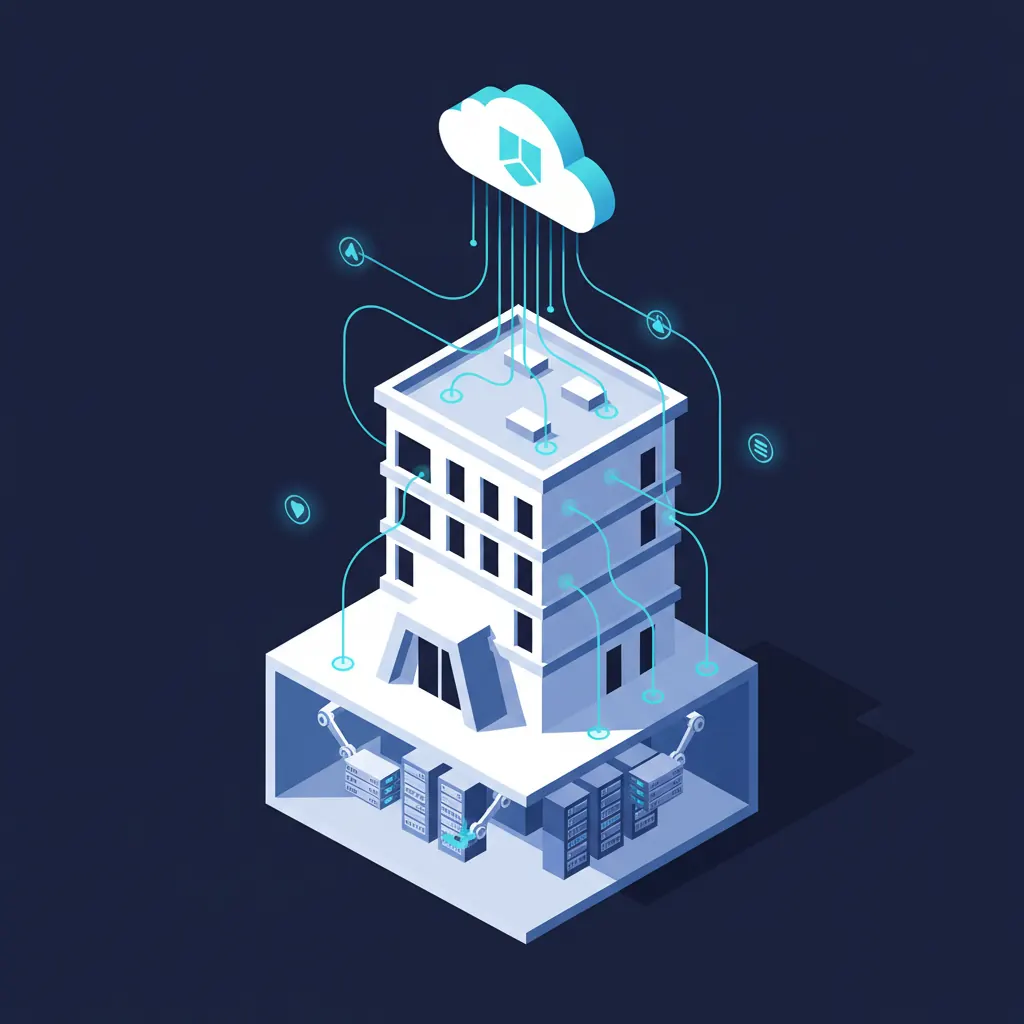 Isometric diagram showing a law firm building migrating services from on-premises servers to Microsoft cloud infrastructure