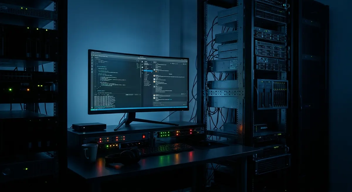 Photorealistic late-night developer workstation with a single monitor displaying terminal output and a chat panel, lit by ambient screen glow and small server status LEDs, no people present, suggesting autonomous overnight operation