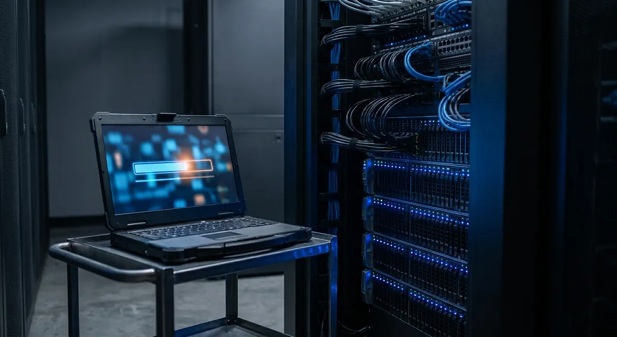 On-premises server rack with a maintenance laptop running an update, representing a controlled SharePoint patch window