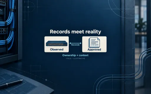 Illustrative network documentation comparison: reconcile observed network state with the approved record, adding ownership and context.