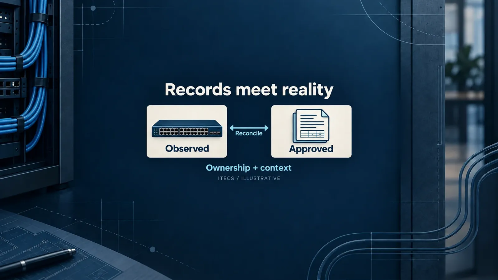 Illustrative network documentation comparison: reconcile observed network state with the approved record, adding ownership and context.