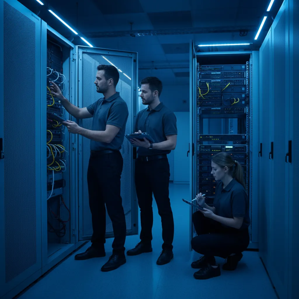 IT engineers conducting a network infrastructure audit during MSP onboarding discovery phase