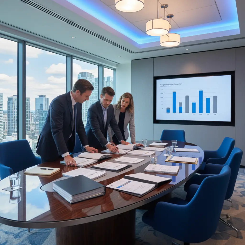 Executive team evaluating managed IT provider proposals using a weighted scorecard