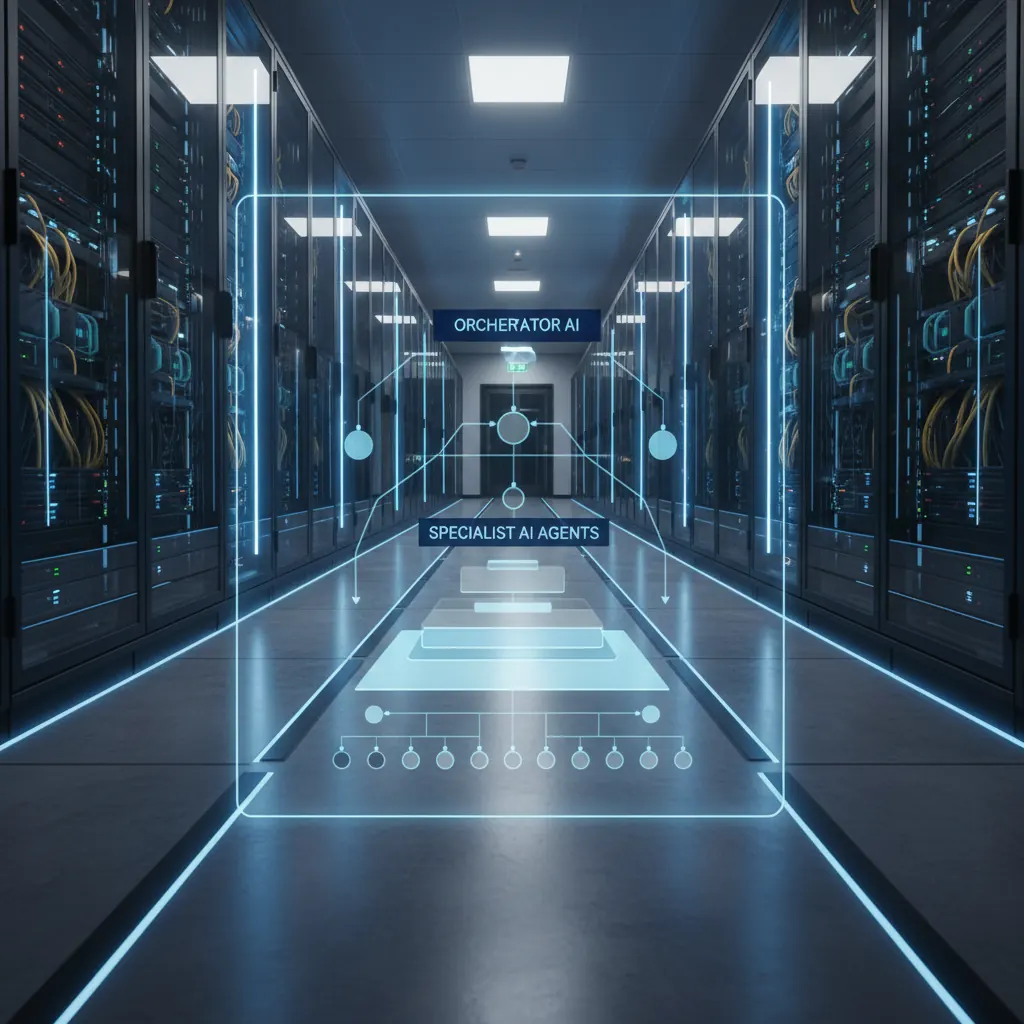 Modern data center corridor with holographic display showing interconnected multi-agent AI system architecture with orchestrator and specialist nodes