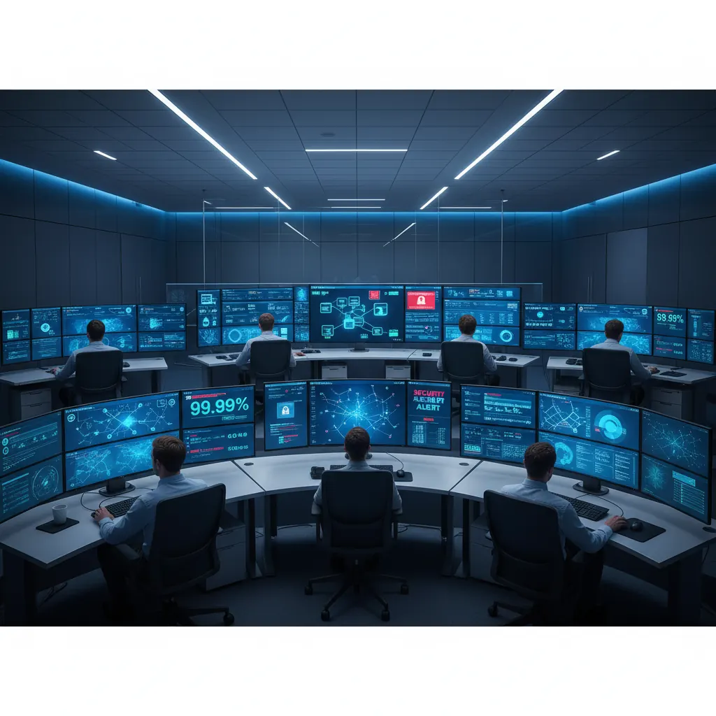 Managed IT operations center with monitoring dashboards showing network health and security alerts