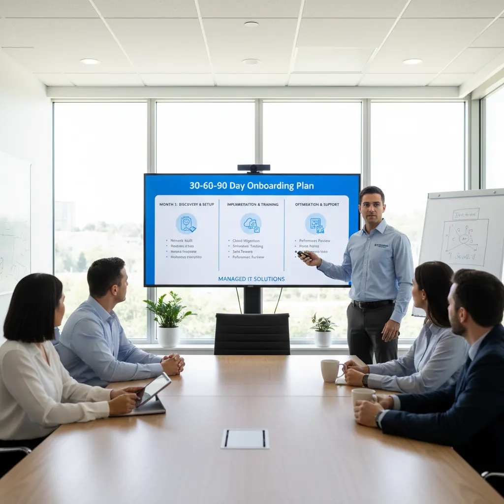 MSP provider conducting an onboarding presentation showing a structured 30-60-90 day plan
