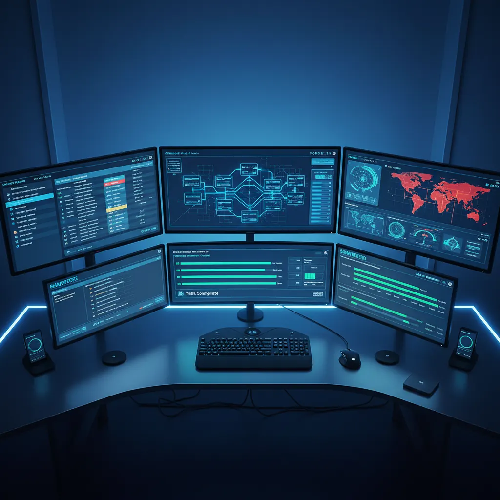 Managed IT operations workspace with monitoring dashboards covering network, security, and backup status