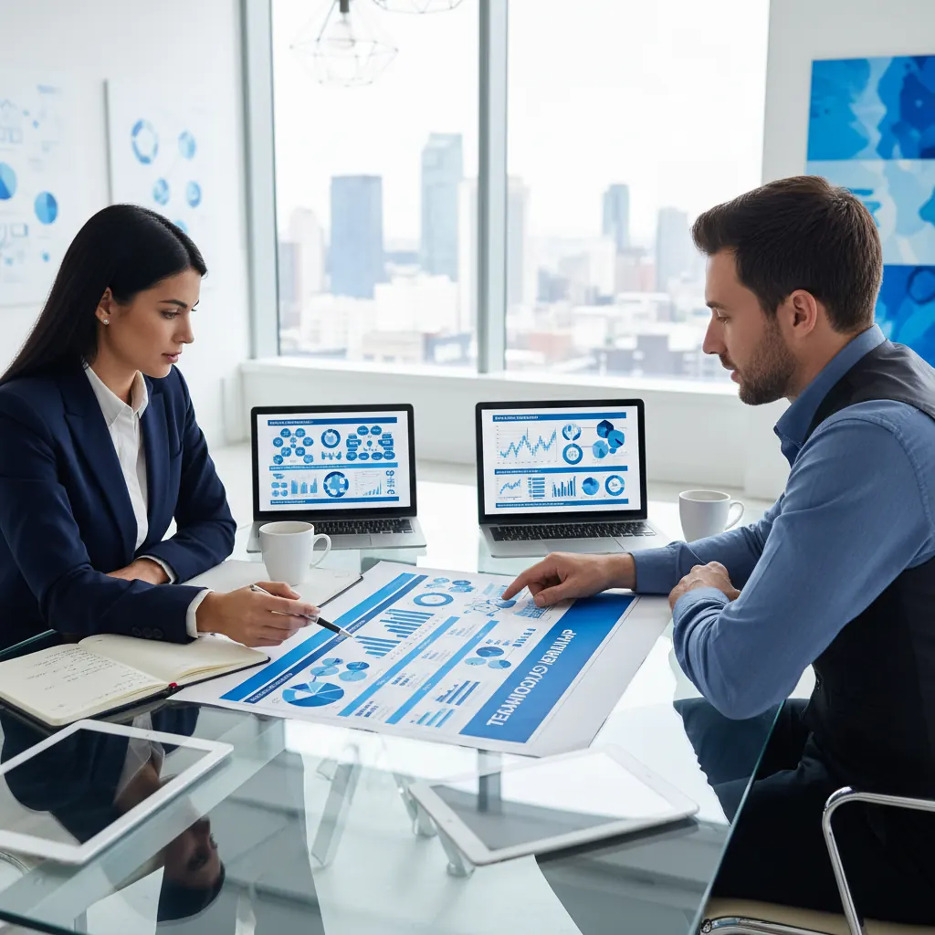 Business leader and IT consultant reviewing a technology roadmap during Phase 3 optimization