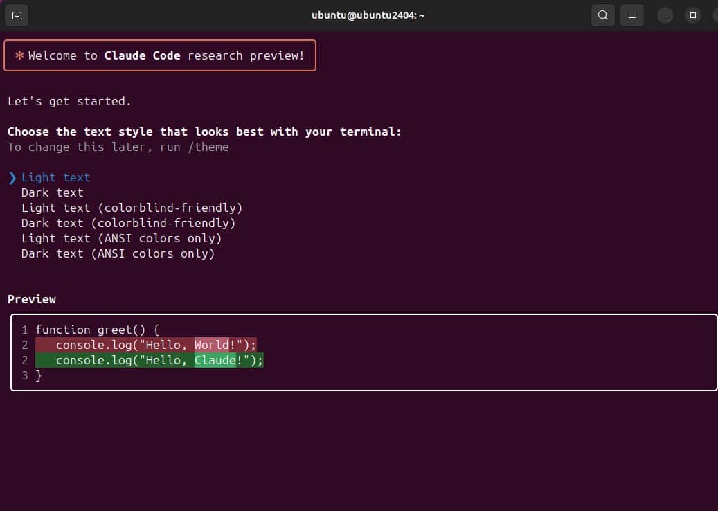 Terminal text style selection during Claude Code installation on Ubuntu Linux