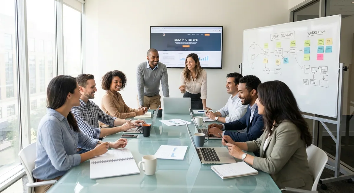 Professional team meeting reviewing website wireframes and design mockups in a collaborative setting