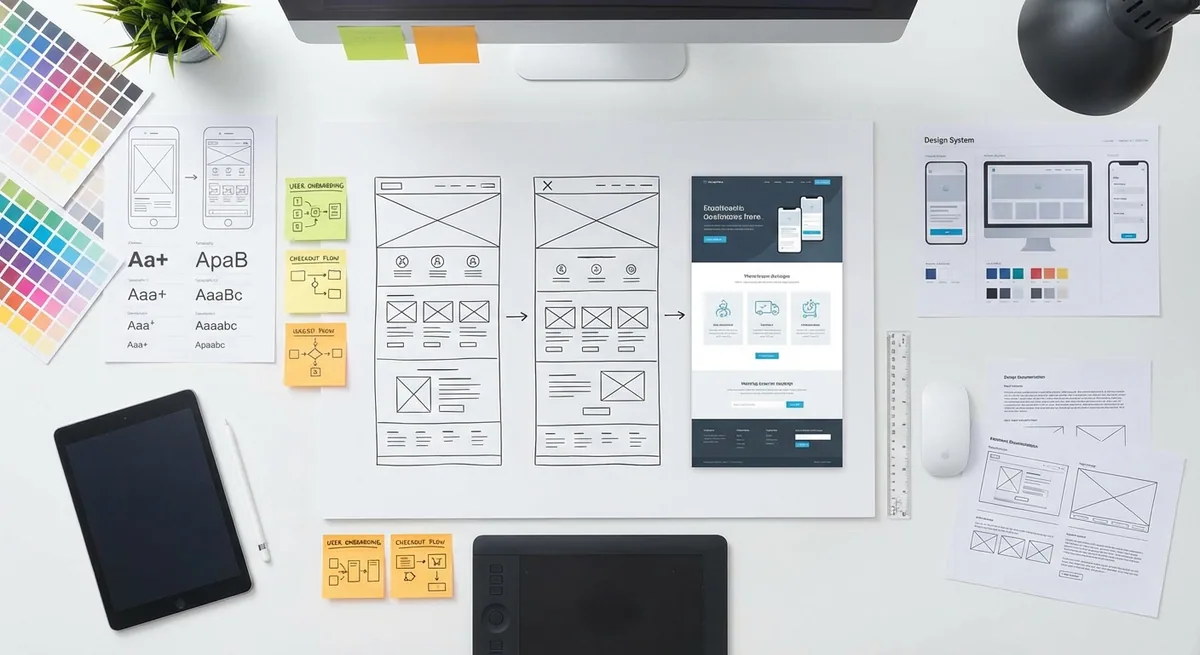 Website design process showing wireframes, prototypes, and finished interfaces on a designer workspace